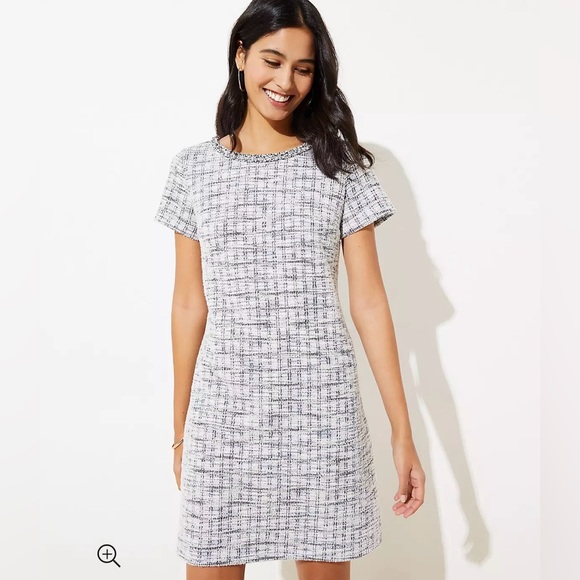 LOFT Dresses & Skirts - Loft Fringe Tweed Shift Dress Size 4 Short Sleeved Ballet Neck Business Casual